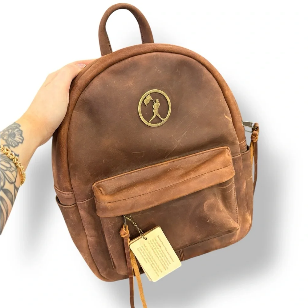 Vintage Brown Leather Backpack - Branded Logo